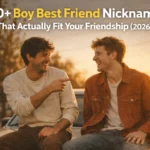 Two best friends laughing together at golden hour — boy best friend nicknames guide 2026