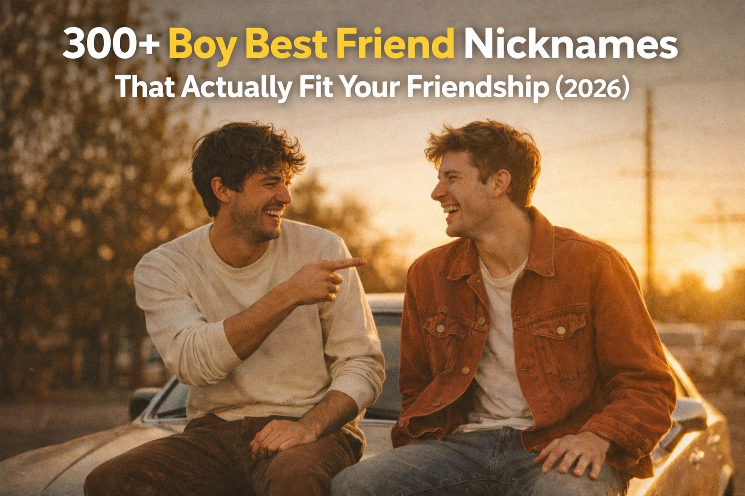 Two best friends laughing together at golden hour — boy best friend nicknames guide 2026
