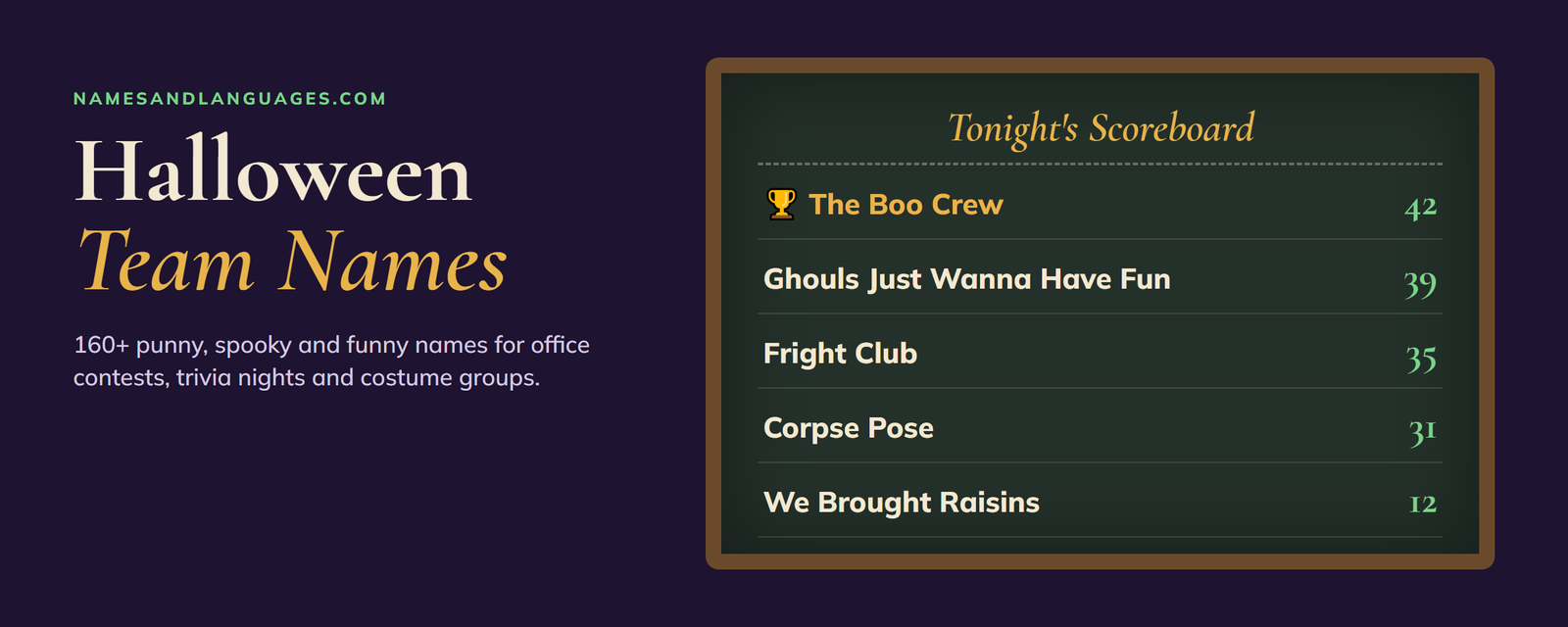 Halloween team names ideas: punny, spooky and funny names like The Boo Crew, Ghouls Just Wanna Have Fun and Corpse Pose for office contests, trivia nights and costume groups