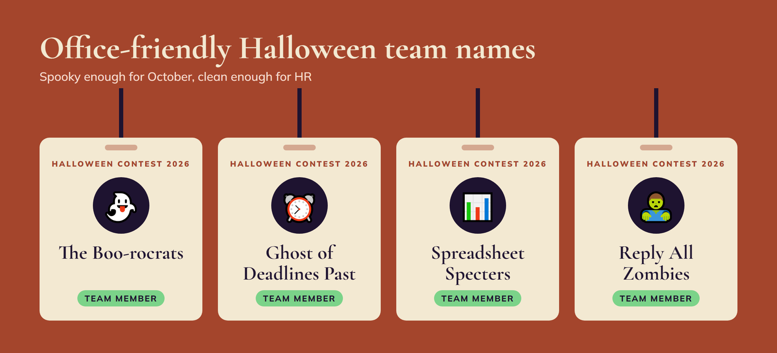 Office Halloween team names on employee ID badges: The Boo-rocrats, Ghost of Deadlines Past, Spreadsheet Specters and Reply All Zombies
