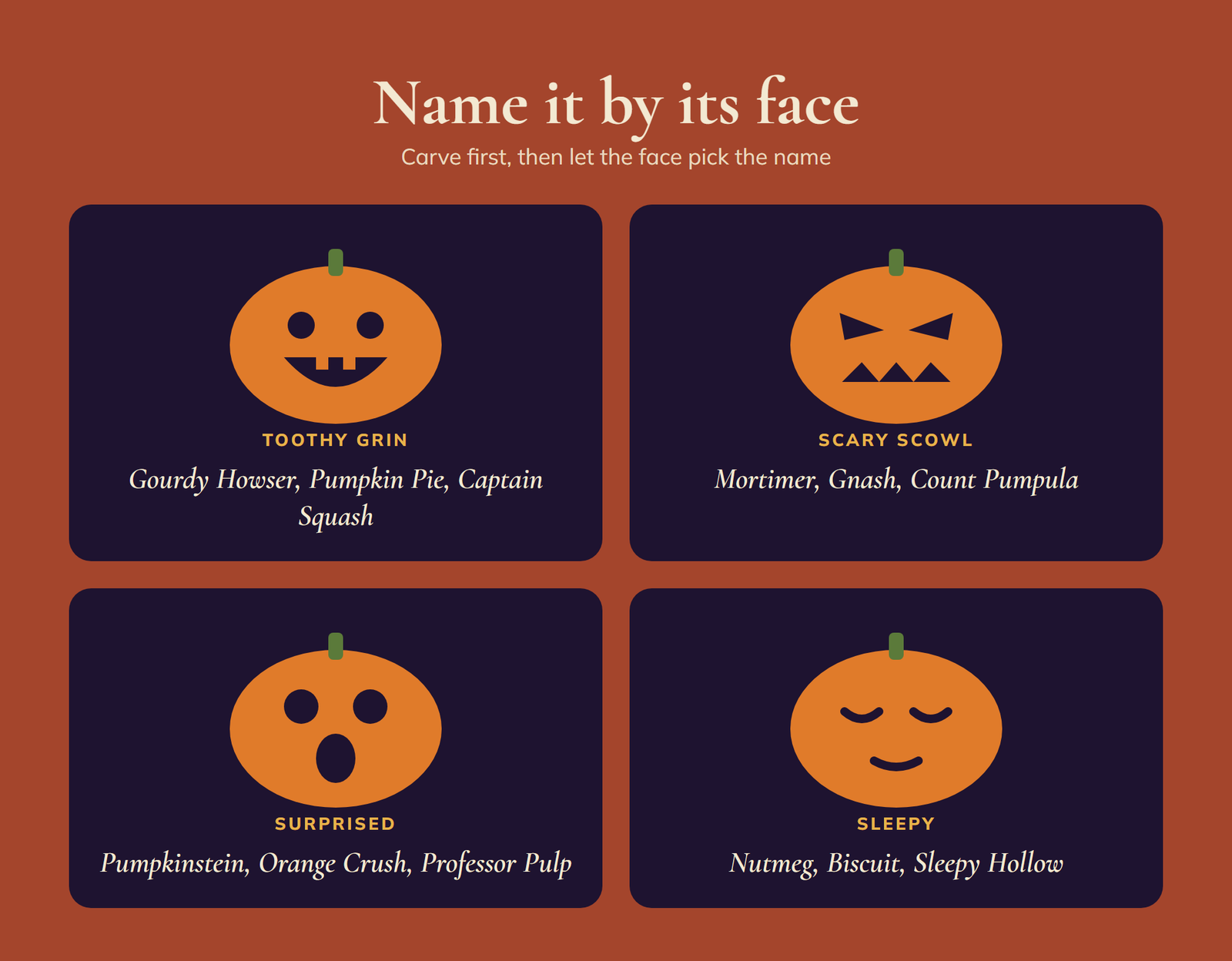 Pick a pumpkin name by its carved face: a toothy grin, a scary scowl, a surprised face and a sleepy face each matched to names