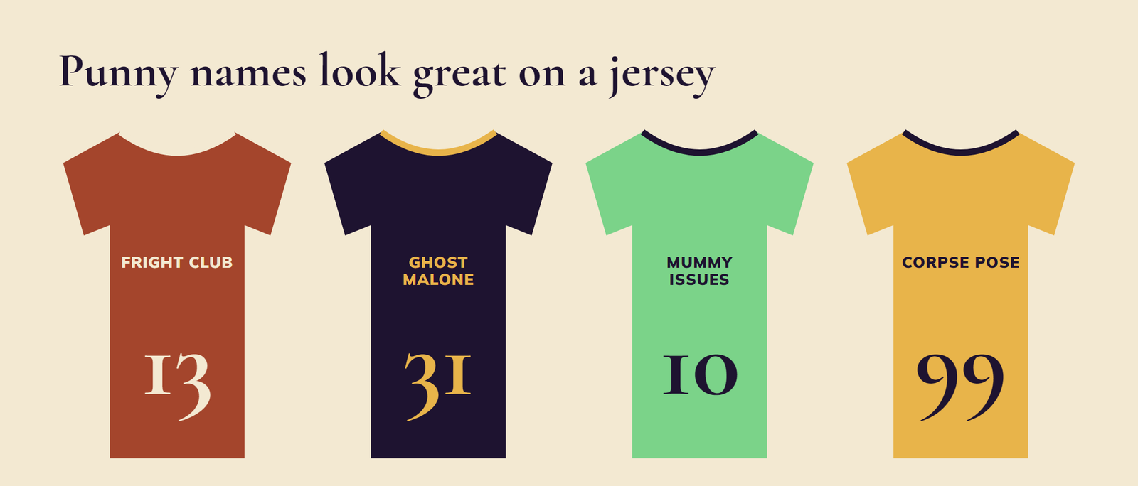 Punny Halloween team names printed on sports jerseys: Fright Club, Ghost Malone, Mummy Issues and Corpse Pose