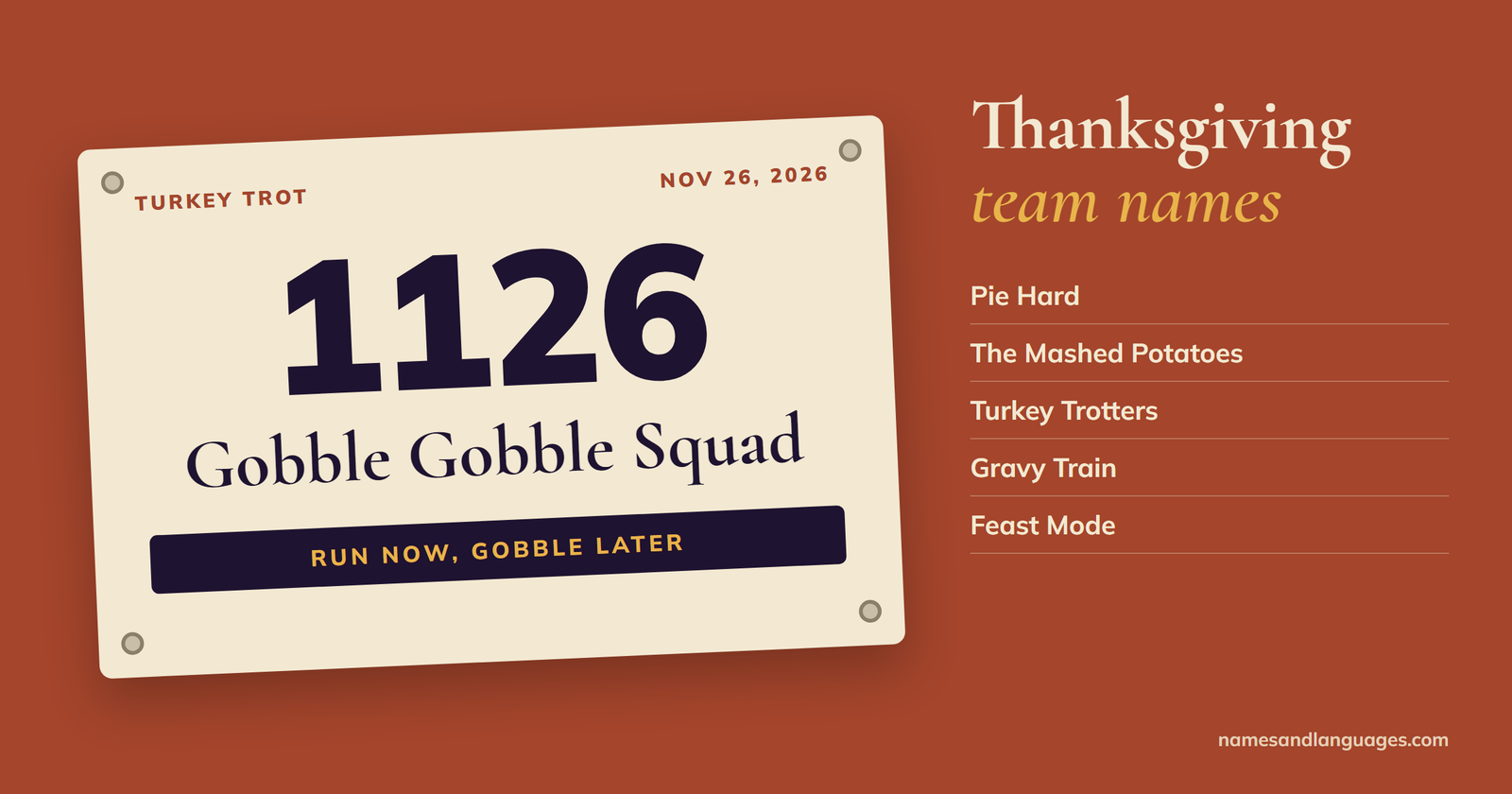 Thanksgiving team names on a Turkey Trot race bib: Gobble Gobble Squad, with more ideas like Pie Hard, The Mashed Potatoes and Turkey Trotters