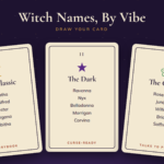 Three tarot style cards showing classic, dark and nature witch name ideas